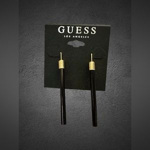 Guess Gold Tone and Black Bar Threader Earrings 2.38” New